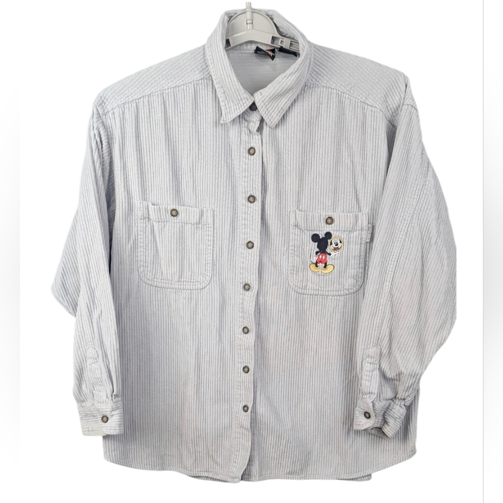 Mickey Unlimited Size XL Corduroy Gray Button Down Shirt With Embroidered Mickey